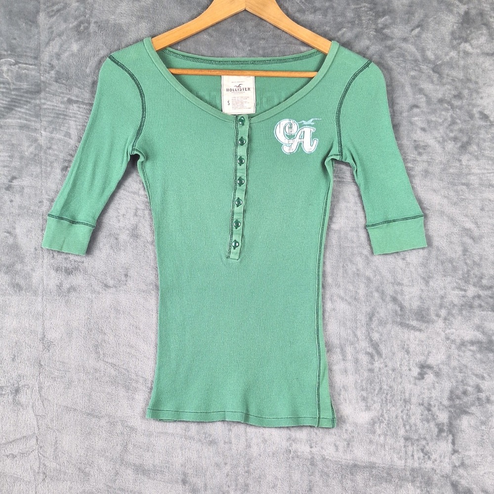Vtg Hollister Top Womens Small Green Y2K Henley Ribbed Bella Swan Fitted‎ Preppy
